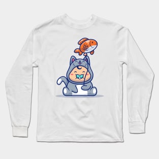 Cute Baby Wearing Cat Costume With Fish Balloon Long Sleeve T-Shirt